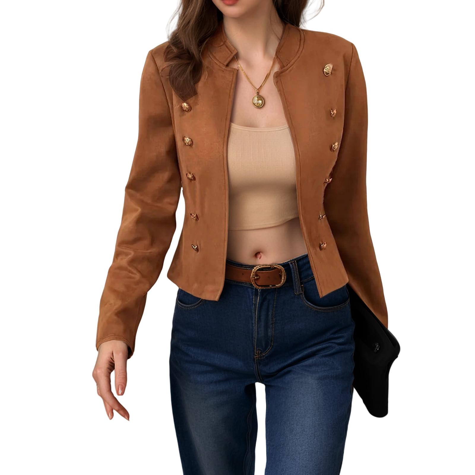 Cropped Blazer for Women Faux Suede Double Breasted Suit Jacket Slim Fit Open Front Solid Color Business Blazer