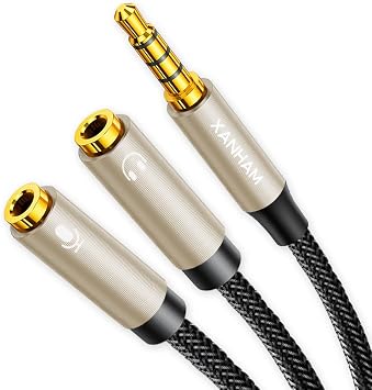 3.5mm Headphone Splitter Y Shape 1/8 Inch 2 TRS Female to 1 TRRS Male Mic and Audio 4 Pole Headset Stereo Adapter Cable Cord Compatible with Laptop, Smartphone, PC, Tablet, Gaming, etc