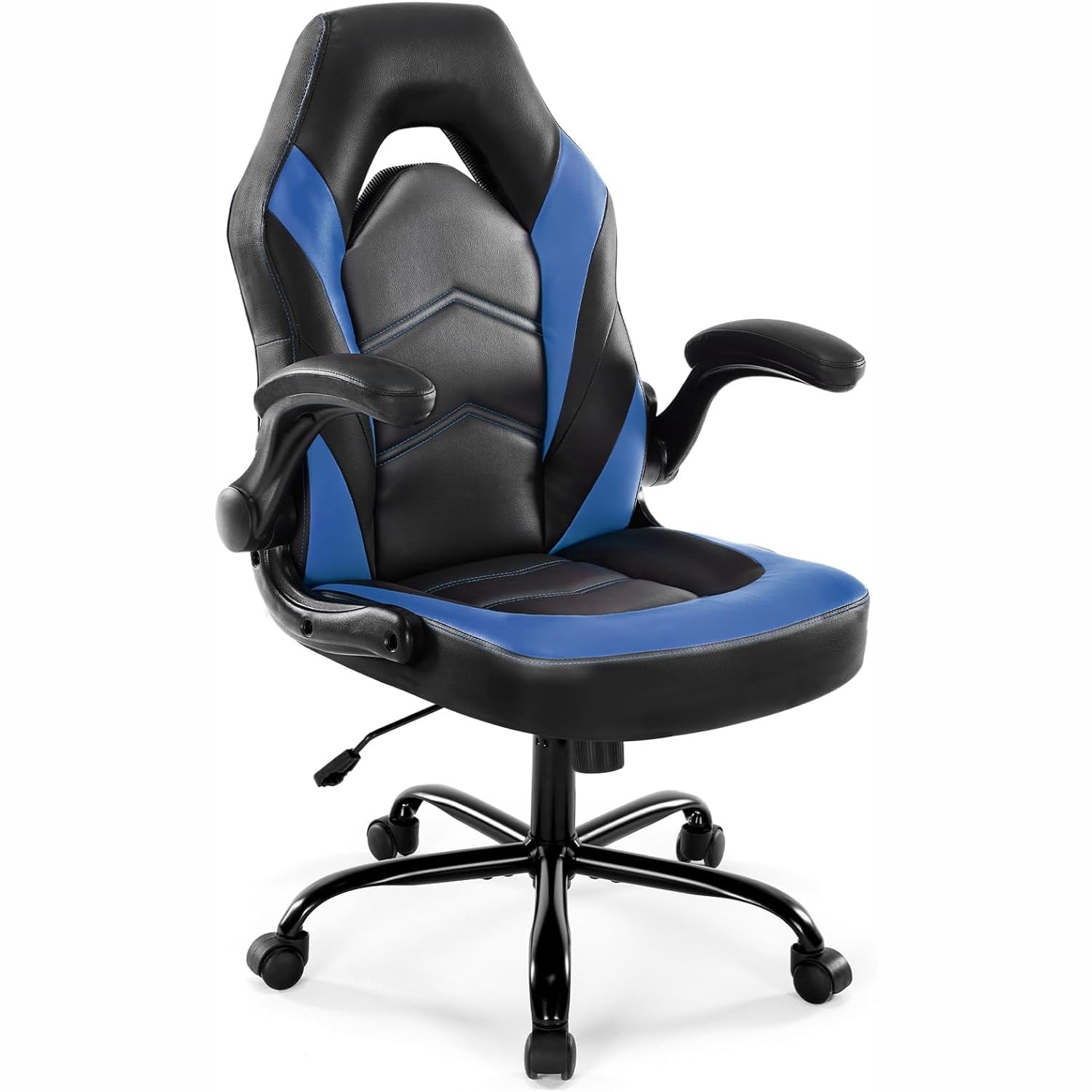 DUMOS Silla para Videojuegos ergonómica, Silla de Juegos giratoria Ajustable de Piel sintética con reposabrazos Plegables, Adecuada para el hogar, la Oficina, etc. (Negro y Azul)