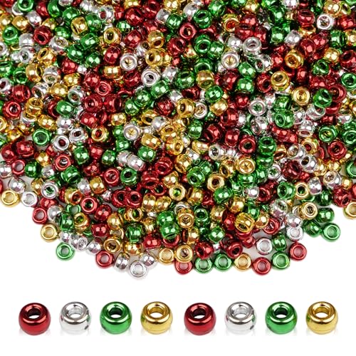 Christmas Pony Beads (1200 Pcs 6x9mm), Christmas Red, Green, Silver, Gold Pony Beads Bulk for Crafts Jewelry Making, Xmas Holiday Tree and Party Decorations, Hair Beading