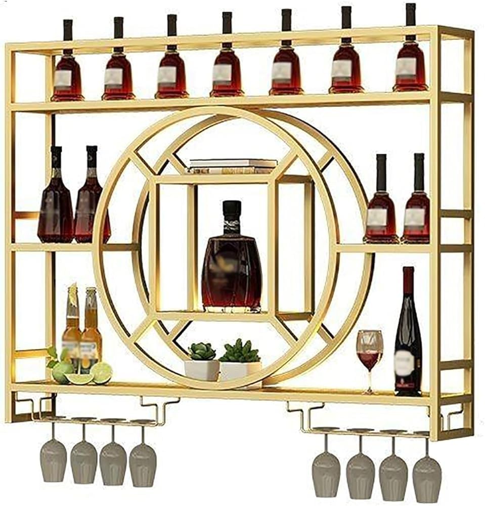 Étagère à vin murale ronde industrielle LED avec porte-verre en métal suspendu