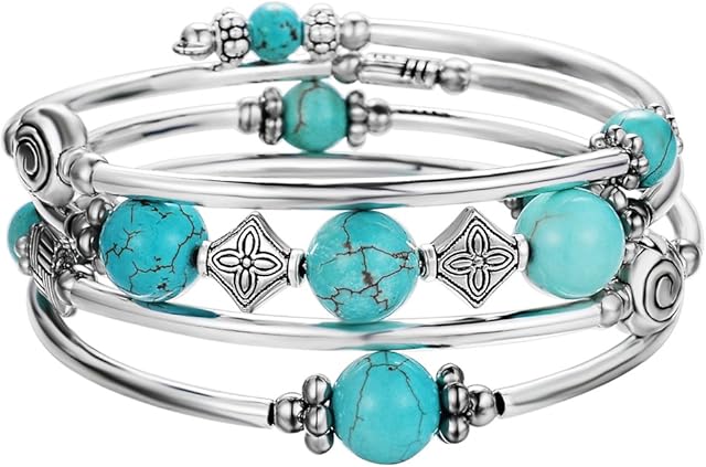 BULINLIN Beaded Pearl Layered Bangle Bracelet for Women Turquoise Bohemian Thick Silver Plated Fashion Jewellery Gifts for Birthday