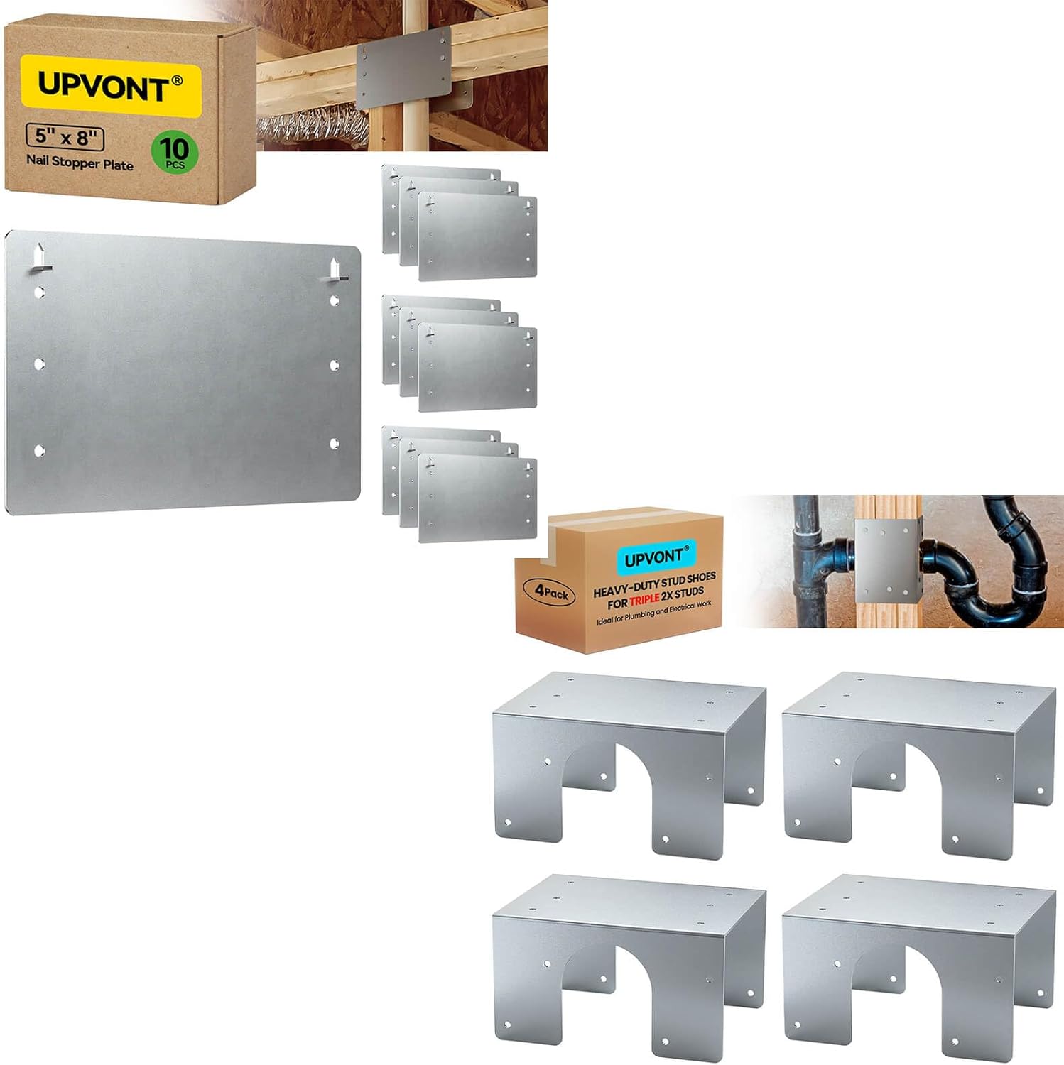 5" x 8" Nail Stopper Plate (10 PCS) & Triple 2X Stud Shoes (4 PCS), 16-Gauge Galvanized Steel – Thicker, IBC & IRC Code Compliant, Extra Durable
