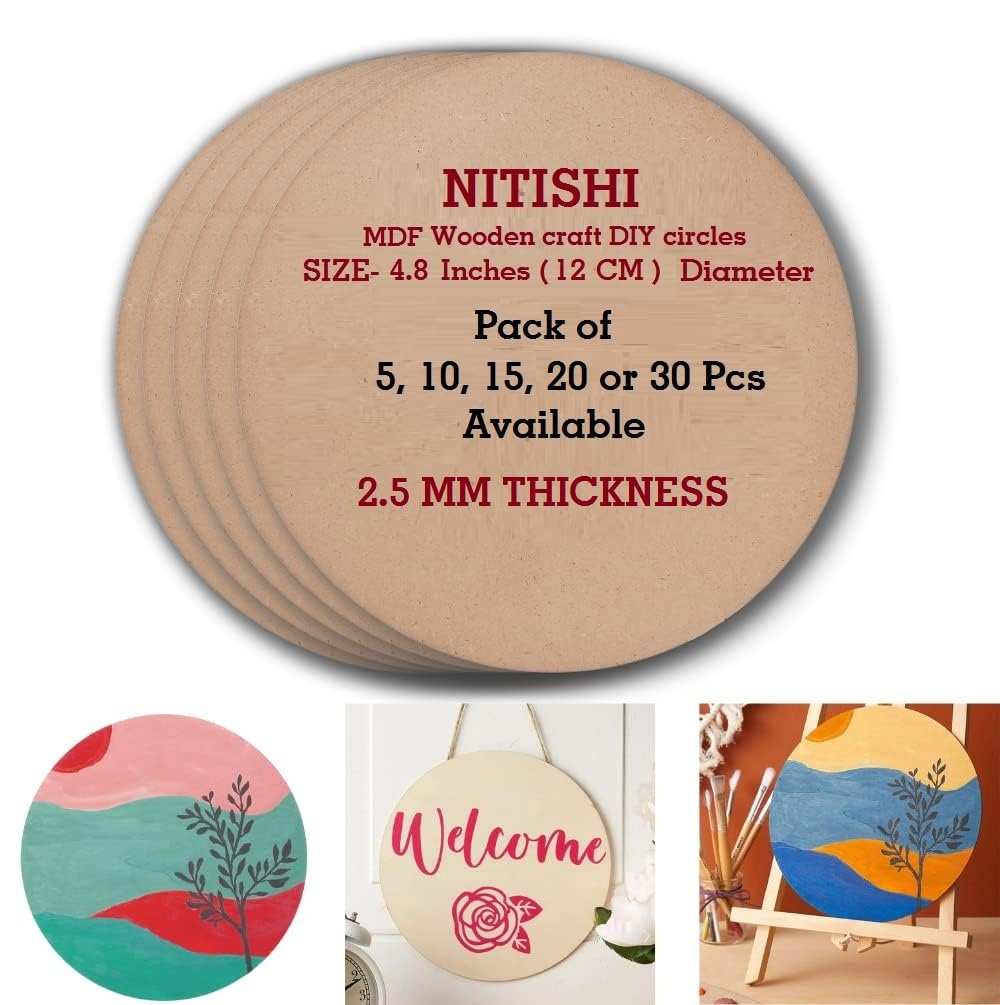 Nitishi Round Circle MDF Pine Wood 4.8 Inch (12 cm) MDF Boards for Art and Craft - 2.5mm Unfinished Round Wooden Slices for Resin Art, Lippan Art, Mandala Art,Pyrography, Painting, Plain MDF (20)-image-49