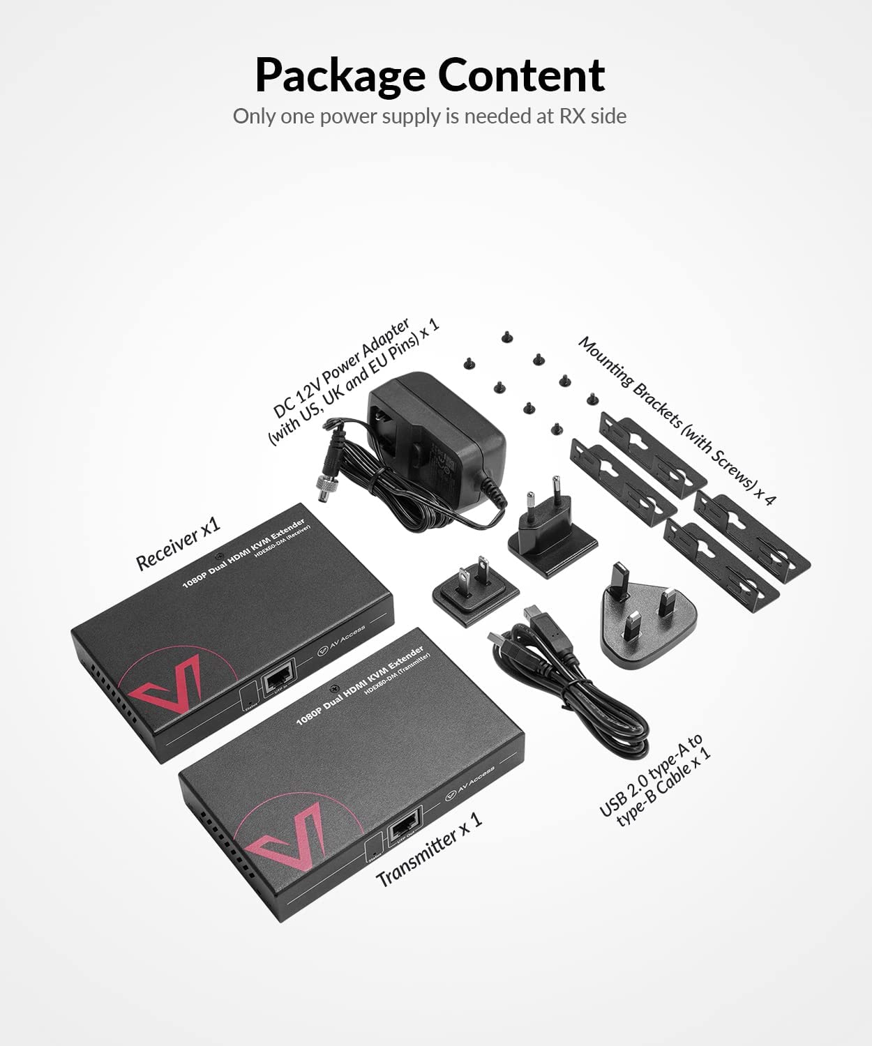 AV Access Dual Monitor HDMI KVM Extender LAN Ethernet RJ45 Over Cat5e/6/6a/7 Cable bis zu1080p@60Hz 60m, Zero Latency Extended Dual View, 4 USB 2.0 Ports für Tastatur/Maus, HDCP 1.4, PoC, 1 in 2 Out