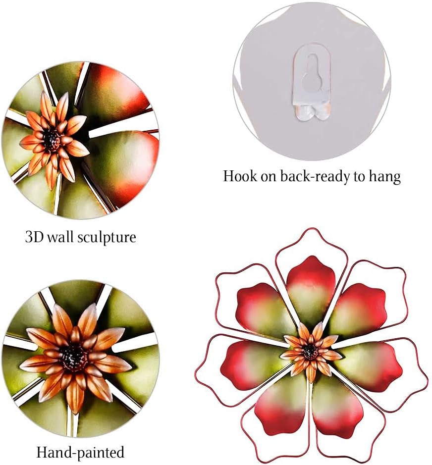 12" Metal Flower Wall Decor, Hand-Painted Red Wire Framed Flower Metal Wall Art, 3D Floral Wall Sculpture Hanging Decoration for Indoor and Outdoor