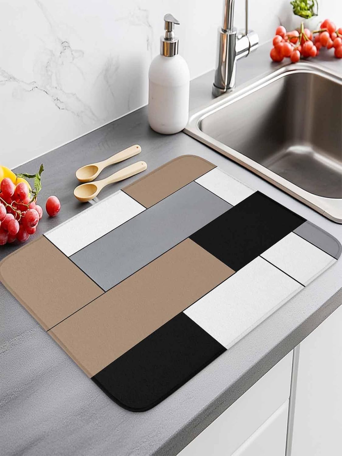 Vintage Patchwork Drying Mats for Kitchen Counter 2 Pcs, Abstract Brown Microfiber Absorbent Dish Drainer/Rack Mat,Reversible Hangding Quick Drying kitchen Decor,16x18 Machine Washable