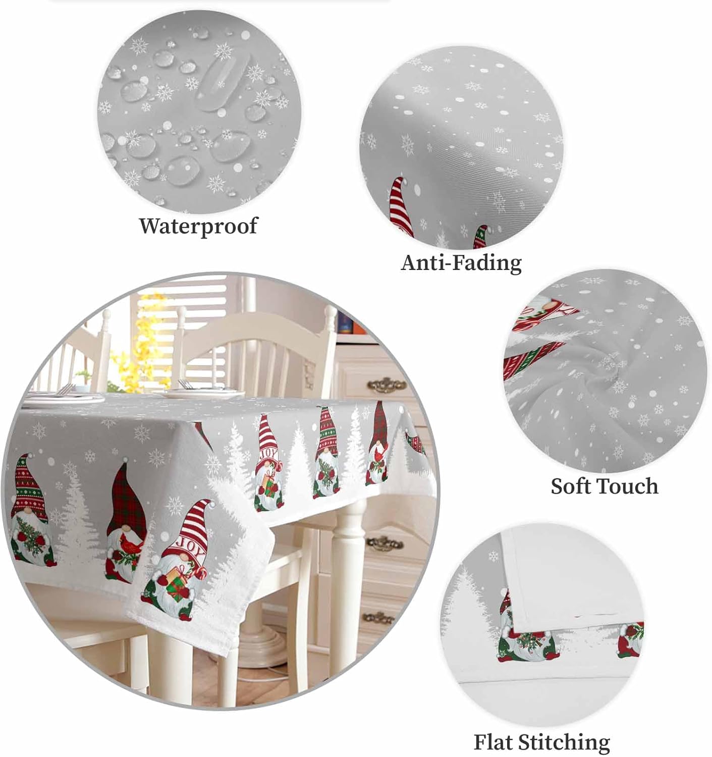 Christmas Cardinals Gnome Tablecloth Rectangle Round Table Cloth 60x60 Inch, Grey White Indoor or Outdoor Tablecloth, Waterproof Fabric Table Cover for Party Holiday Picnic Kitchen Xmas Decorations