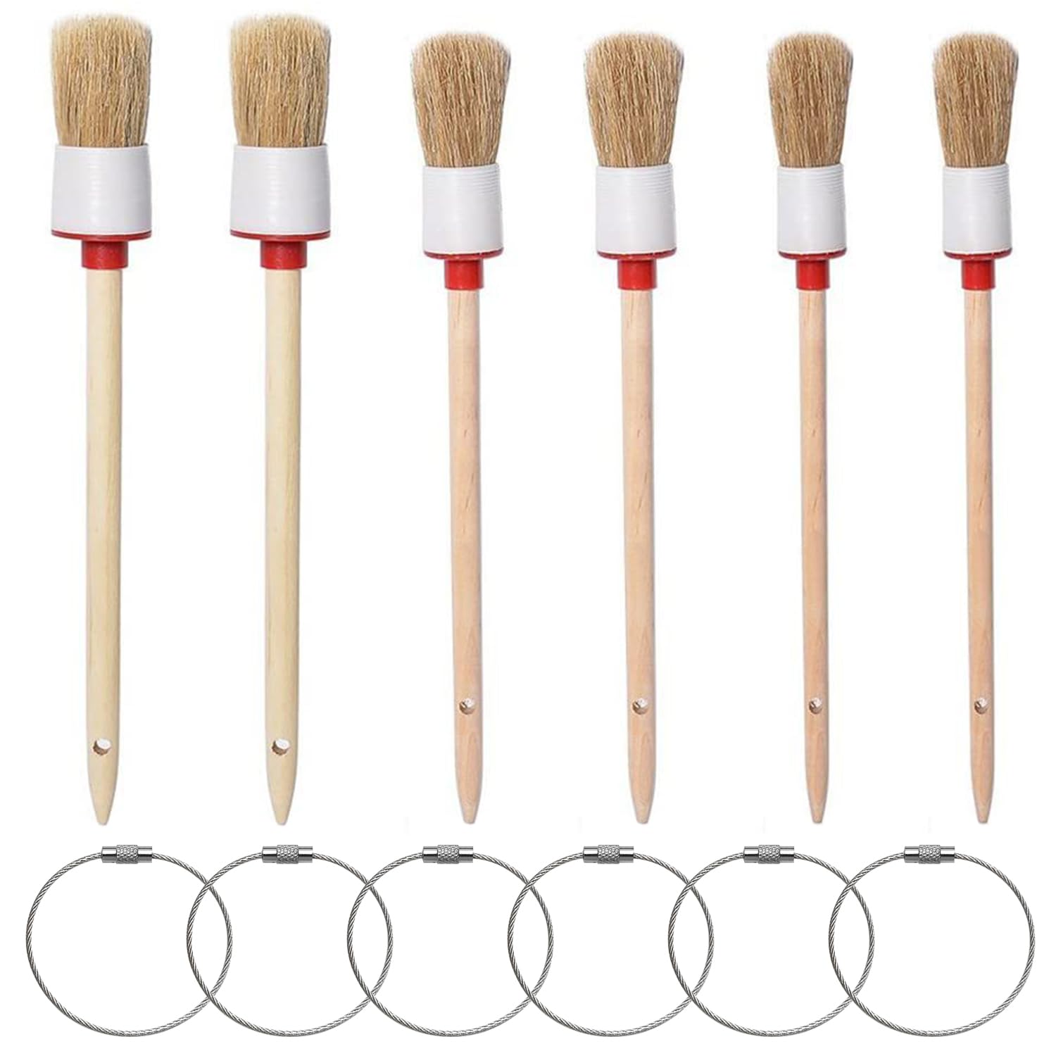 6 Brosses En Bois Et 6 Anneaux De Rangement En Fil Métallique, Brosses Rondes, Brosses De Nettoyage De Voiture, Pinceaux De Peinture De Meubles, Brosses De Détail, Appareils Électroménagers.