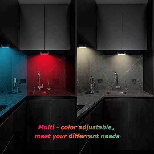 Vista 17 de Luces de disco con control remoto, luz LED inalámbrica para cocina, funciona con pilas, luces debajo del gabinete, iluminación regulable, luces