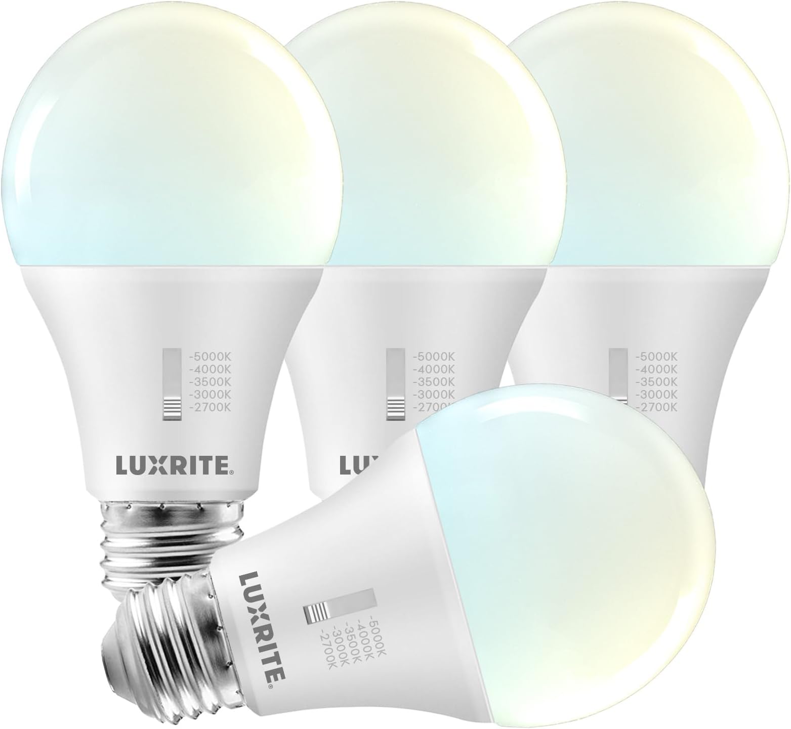 LUXRITEA19 LED Light Bulb 100 Watt Equivalent, CRI90, 5CCT Selectable 2700K 3000K 3500K 4000K 5000K, Dimmable, 1600LM, Standard LED Light Bulbs 15W, E26 Medium Base, ETL - Indoor Outdoor (4 Pack)