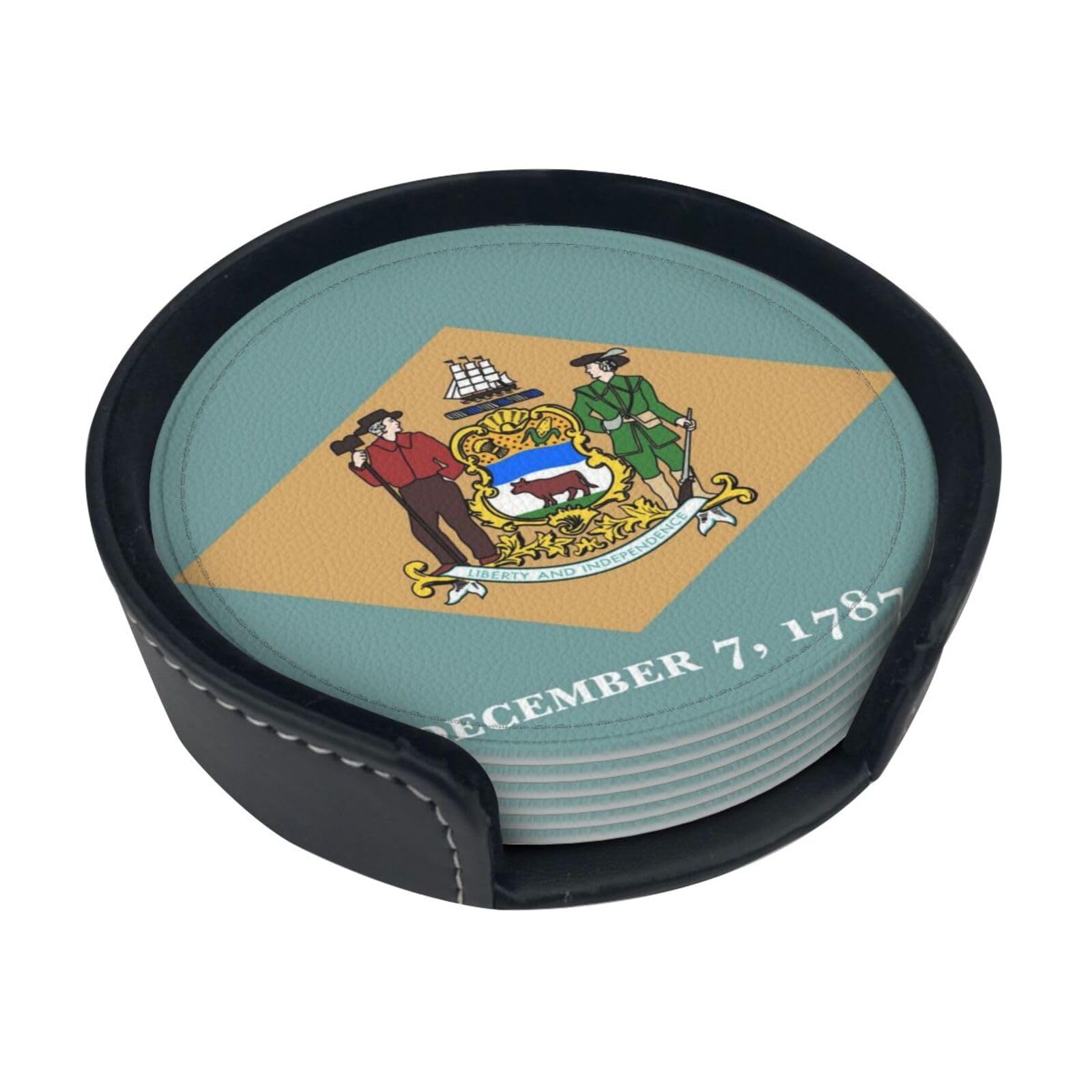 Delaware State Flag Leather Coasters-Set of 6 with Storage Holder