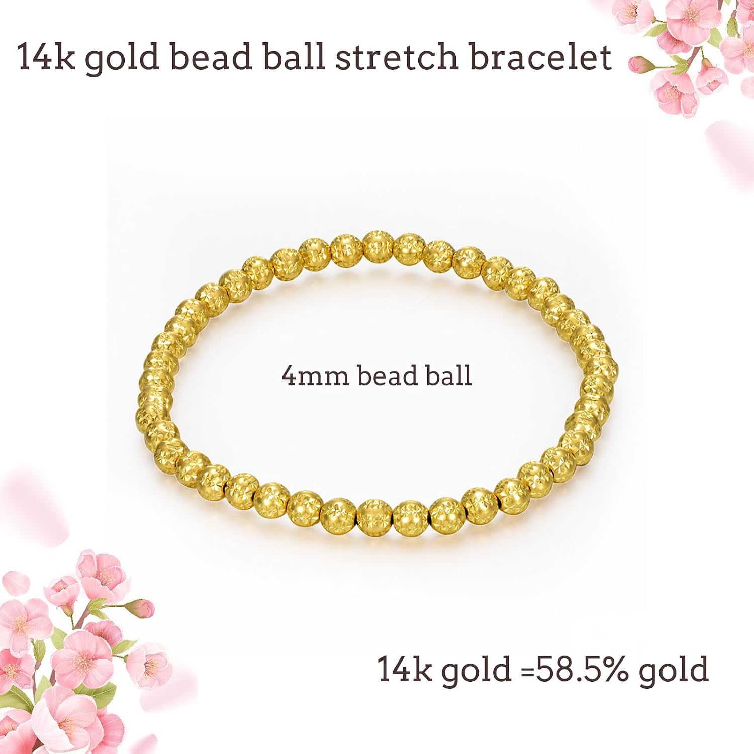 14K Gold 3mm/4mm/5mm/6mm Gold Bead Stretch Bracelet for Women, 14K Gold Bead Ball Stretch Bracelet, Stretchable Gold Ball Bead Stretch Bracelet for Women, 5inch-9inch