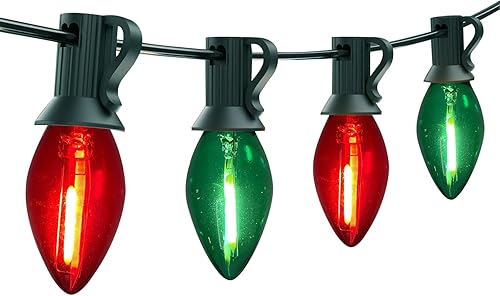 Luces LED C7 de Navidad, 25 pies, clásicas, con 27 bombillas LED C7 rojas y verdes transparentes (2 de repuesto), luces de Navidad colgantes para