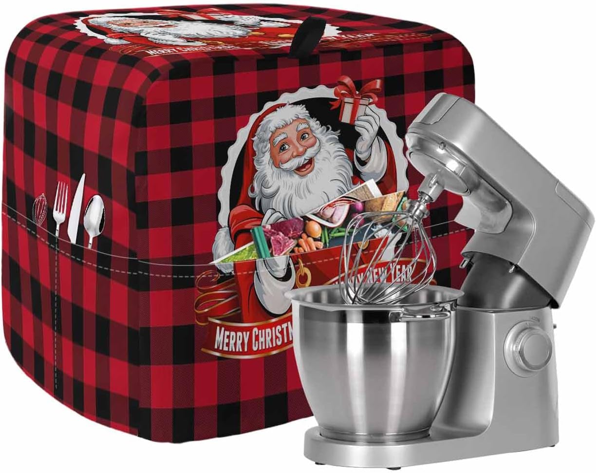 Stand Mixer Cover with Storage Pocket, Christmas Waterproof Kitchen Mixer Covers, Xmas Santa Claus Red Black Buffalo Plaid Kitchen Appliance Dust Cover Compatible with 5-8 Quart Mixers