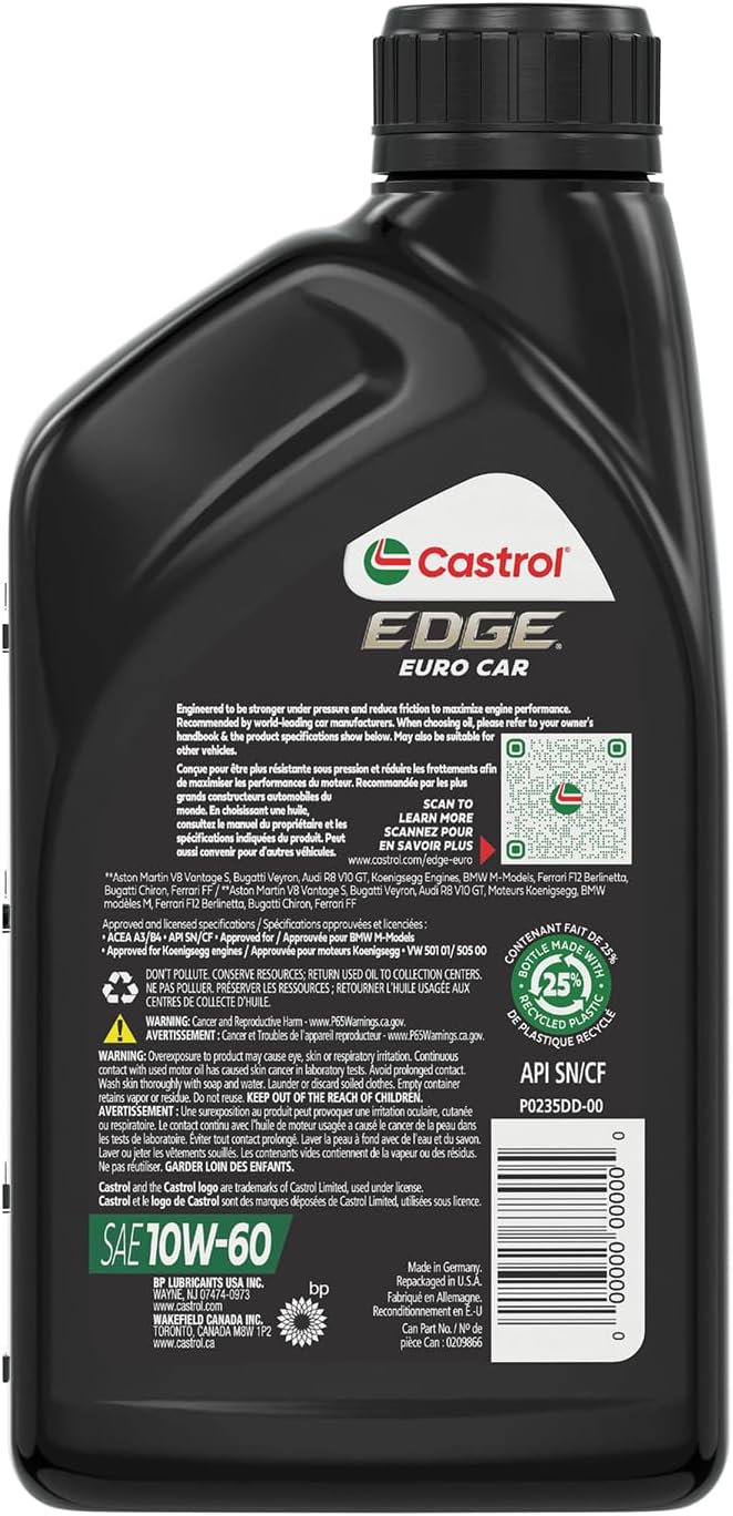 Castrol EDGE Euro 10W-60 Advanced Full Synthetic Motor Oil, 1 Quart, Pack of 6