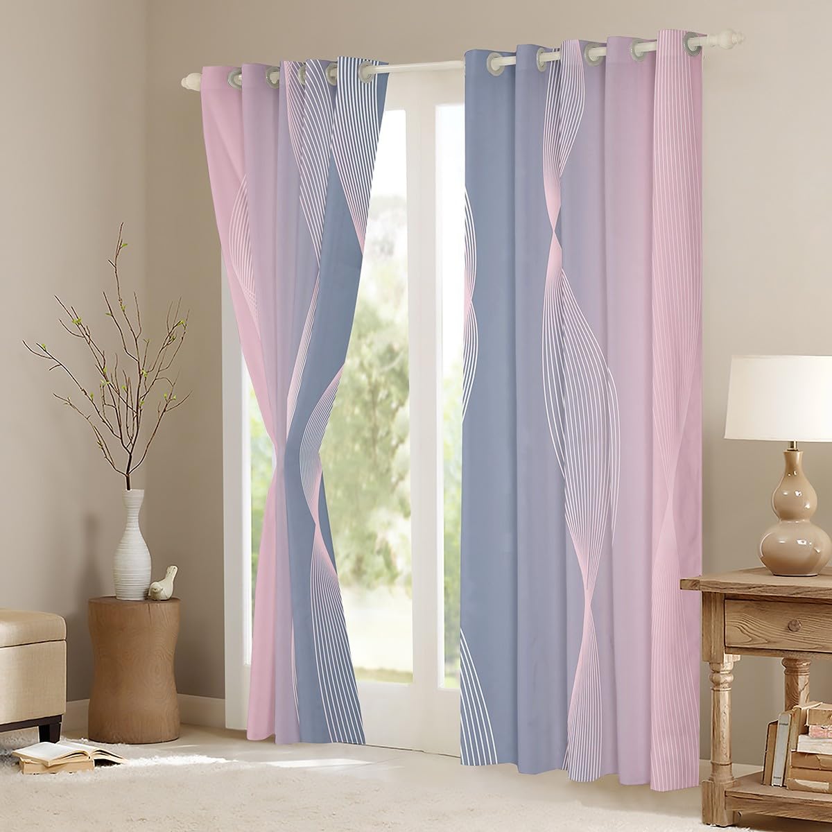 Homewish Gradient Pink and Grey Blackout Curtains Ombre 2 Panels 66" Wx72 L Curtains & Drapes,Trippy Spiral Silver Wave Line Curtains,Abstract Art Room Decor Aesthetic - Image 4