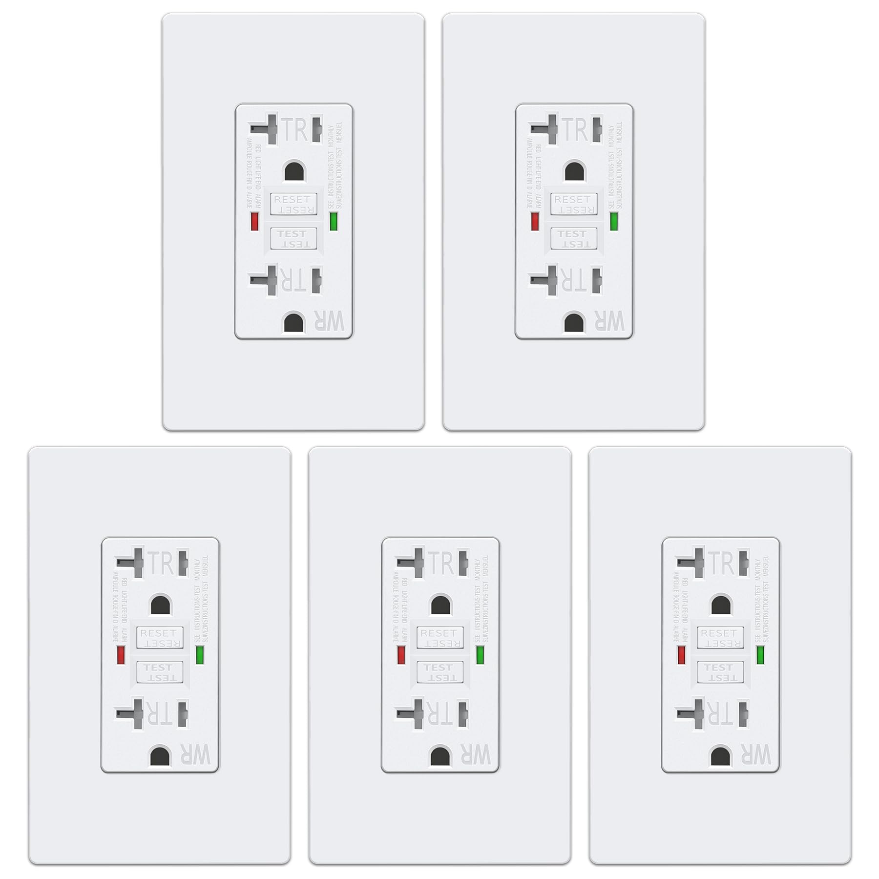 ELECTECK 5 Pack GFCI Outlets 20 Amp, Outdoor Weather Proof (WR), Self-Test GFI Receptacles with LED Indicator, Ground Fault Circuit Interrupter, Screwless Wallplate Included, UL Listed, White