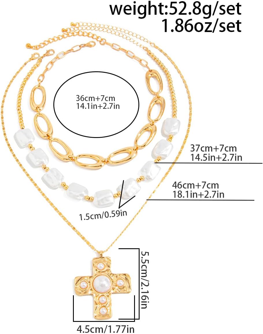 Chunky Gold Layered Necklace for Women Large Cross Oval Pendant Necklace Pearl Chain Choker Punk Vintage Jewelry - Image 7