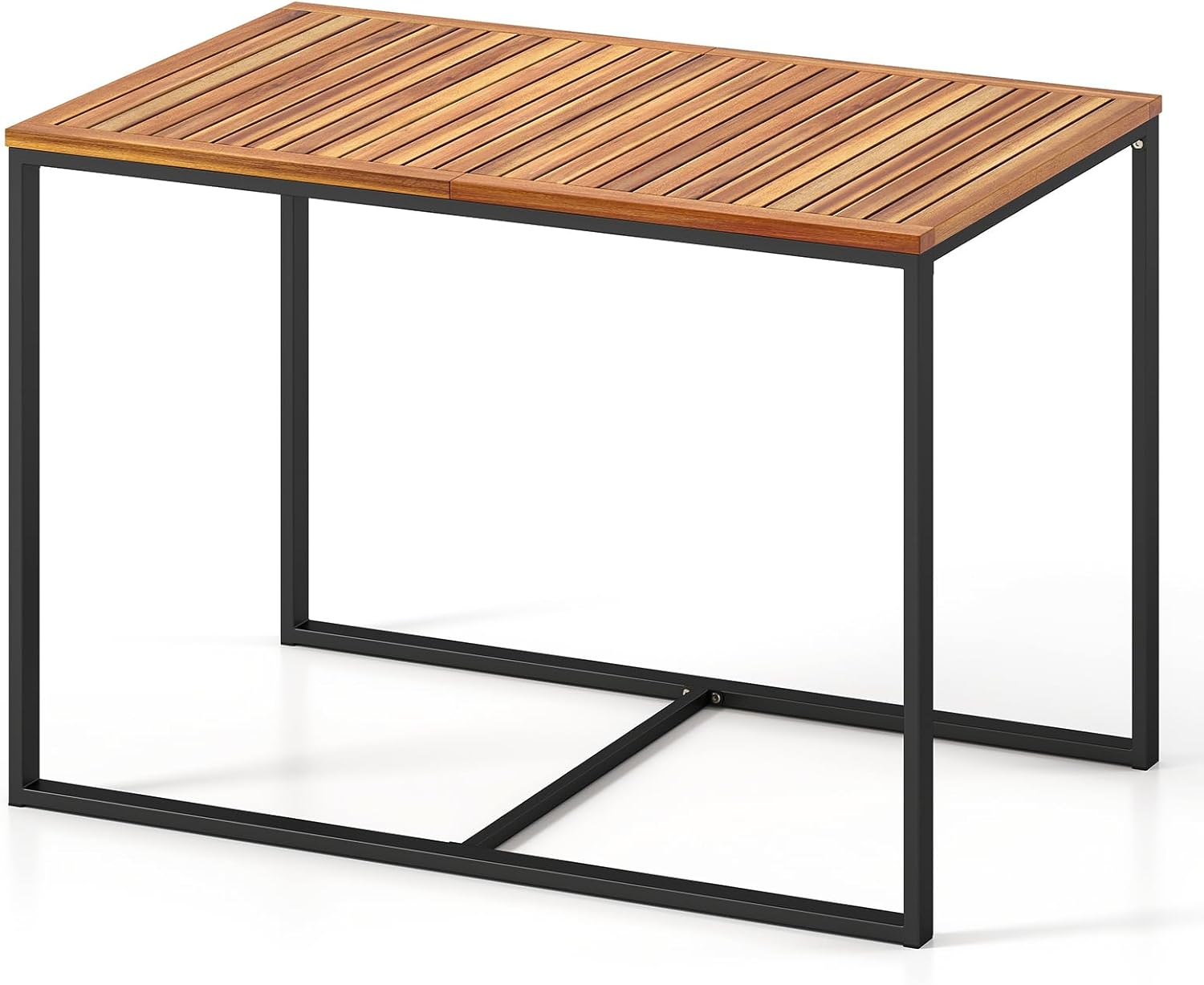 Tangkula Acacia Wood Patio Dining Table, 4-Person Rectangular Outdoor Dining Table with Metal Frame, Outdoor Patio Table for Porch, Garden, Deck, Lawn and Backyard