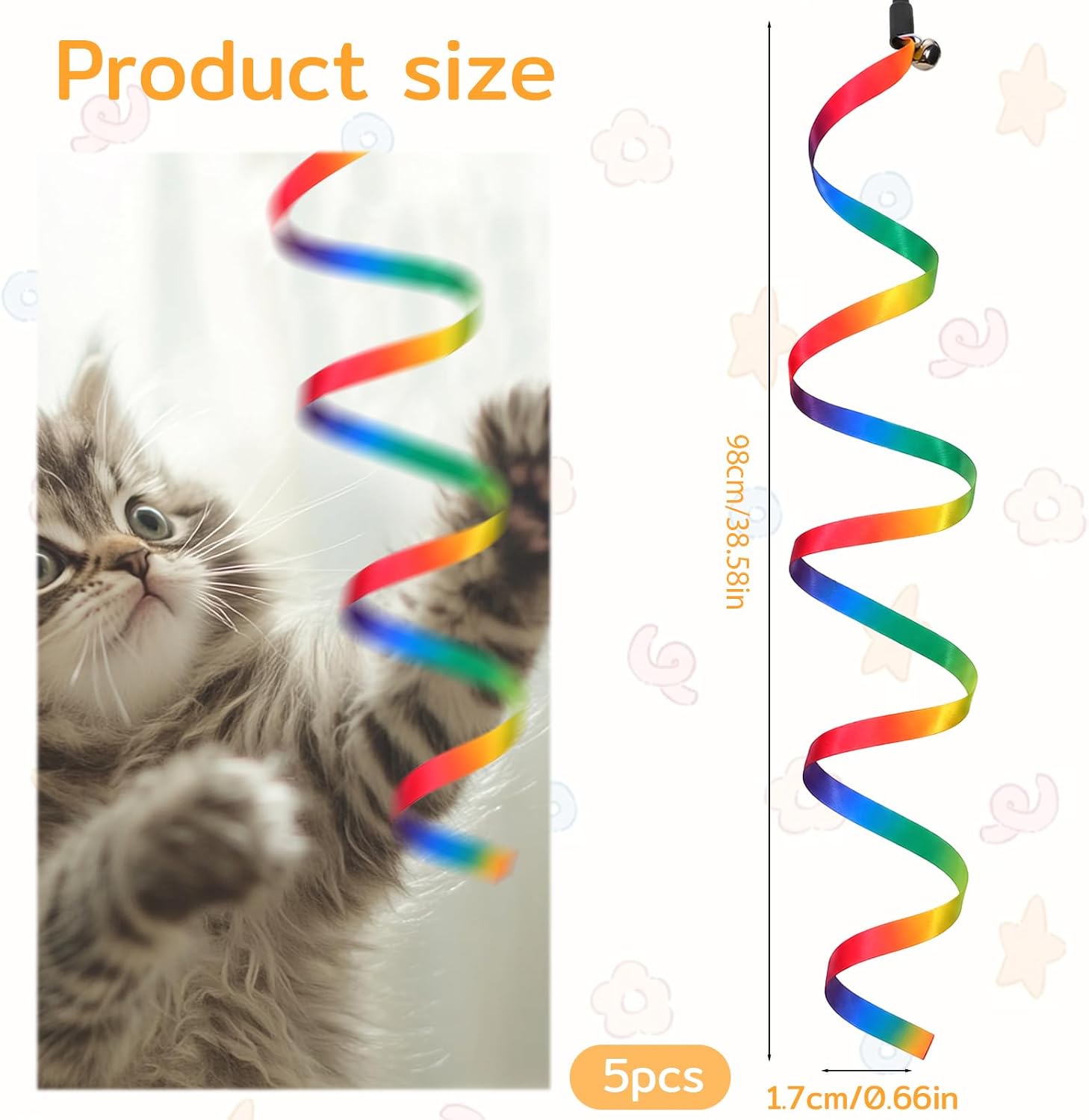 5 PCS Cat Rainbow Ribbon Toy, Detachable Cats Toy Wand Replacement Extended Cat Toys Attachments with Bell for Cats Kittens Small Pets Indoor Outdoor Exercise Play image 2