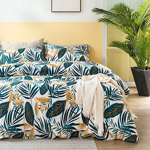 Yuheguoji Tropical Duvet Cover King 100% Cotton Yellow Green Plant Duvet Cover 3 Pcs Set 1 Palm Leaves Patterned Duvet Cover With Zipper Ties 2 Pillowcases Modern Farmhouse Botanical Bedding Set Soft #TOP1