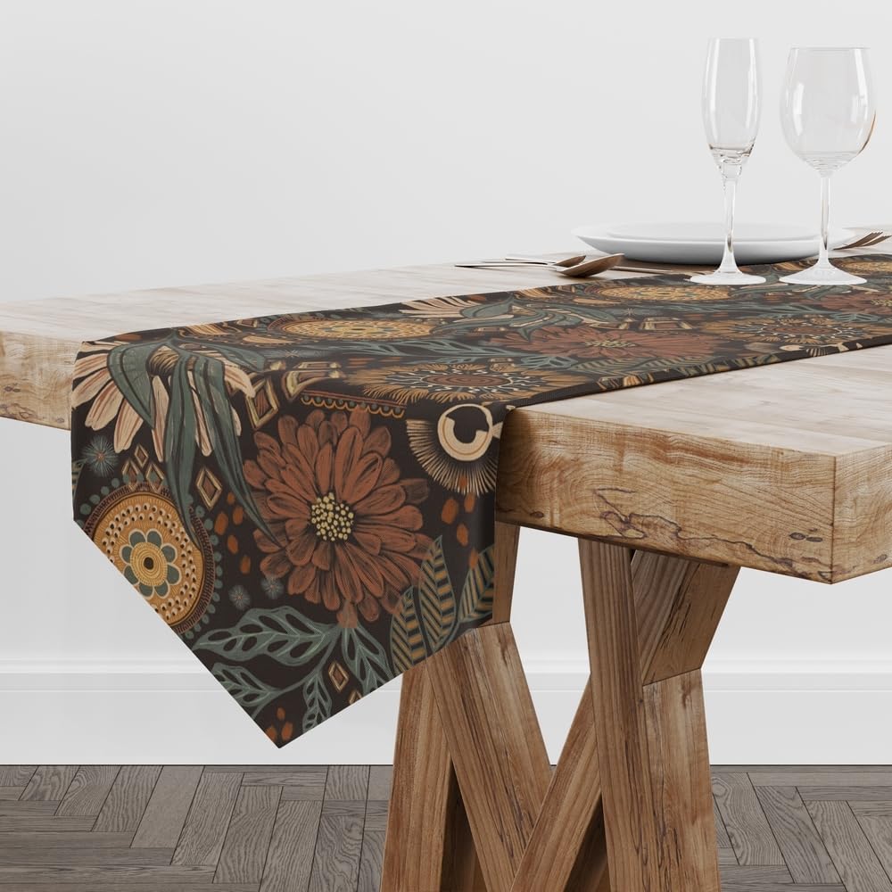 Boho Floral Print Table Runner,Brown/PeachPuff/Green Vintage Rectangular Runner,Rustic Farmhouse Table Runner for Holiday Party,Wedding and Indoor Outdoor Dining Table Decor,13"x90"
