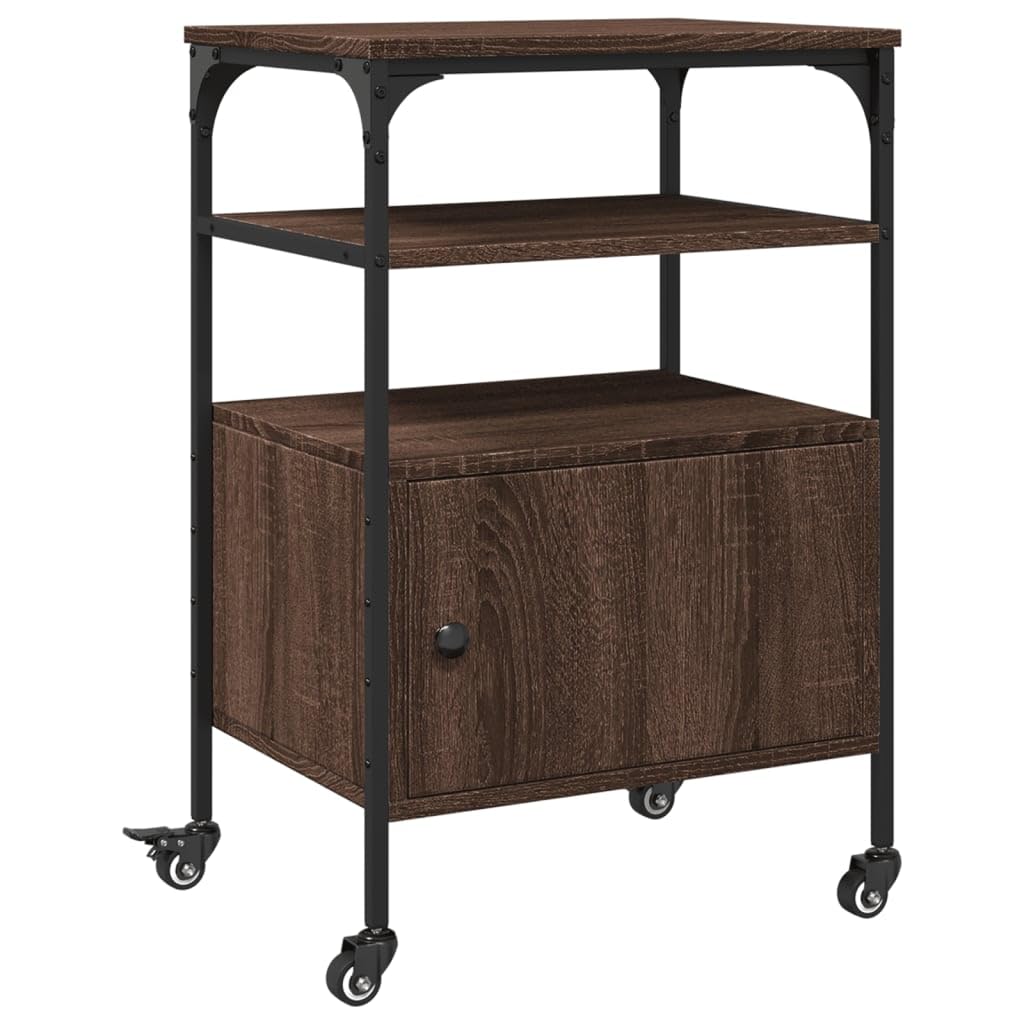 Druckertisch Braun Eichen-Optik mit 3 Ablagen, Druckerständer Büro 50x40x76 cm, Druckerregal aus Holzwerkstoff und Stahlrahmen, 4 Rollen mit 2 Bremsen, multifunktional