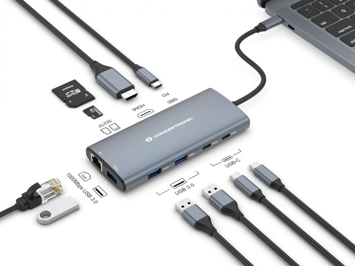 CONCEPTRONIC DONN06G 10 in 1 USB 3.2 Gen 1 Docking Station, HDMI, 100 W USB PD, USB-C 5 Gbps x 2, USB-A 5 Gbps x 3, SD, TF/MicroSD, GbE