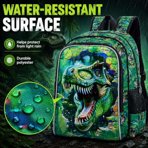 Image of 3Pcs Boys Backpack, 16 inch Dinosaur Bookbag for Elementary Preschool Kindergarten, Dino Kids School Backpacks with Lunch Box(Green)