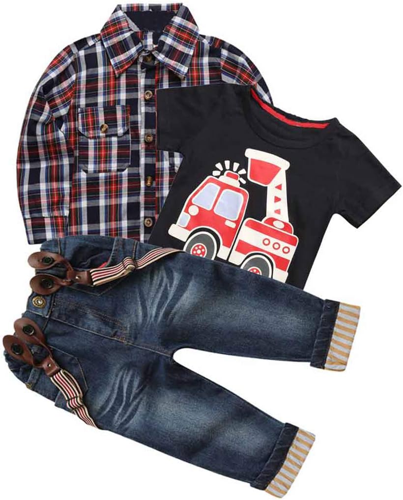 3Pcs Boy Handsome Outfit Set Plaid Shirt + T-Shirt + Suspender Jean Sets