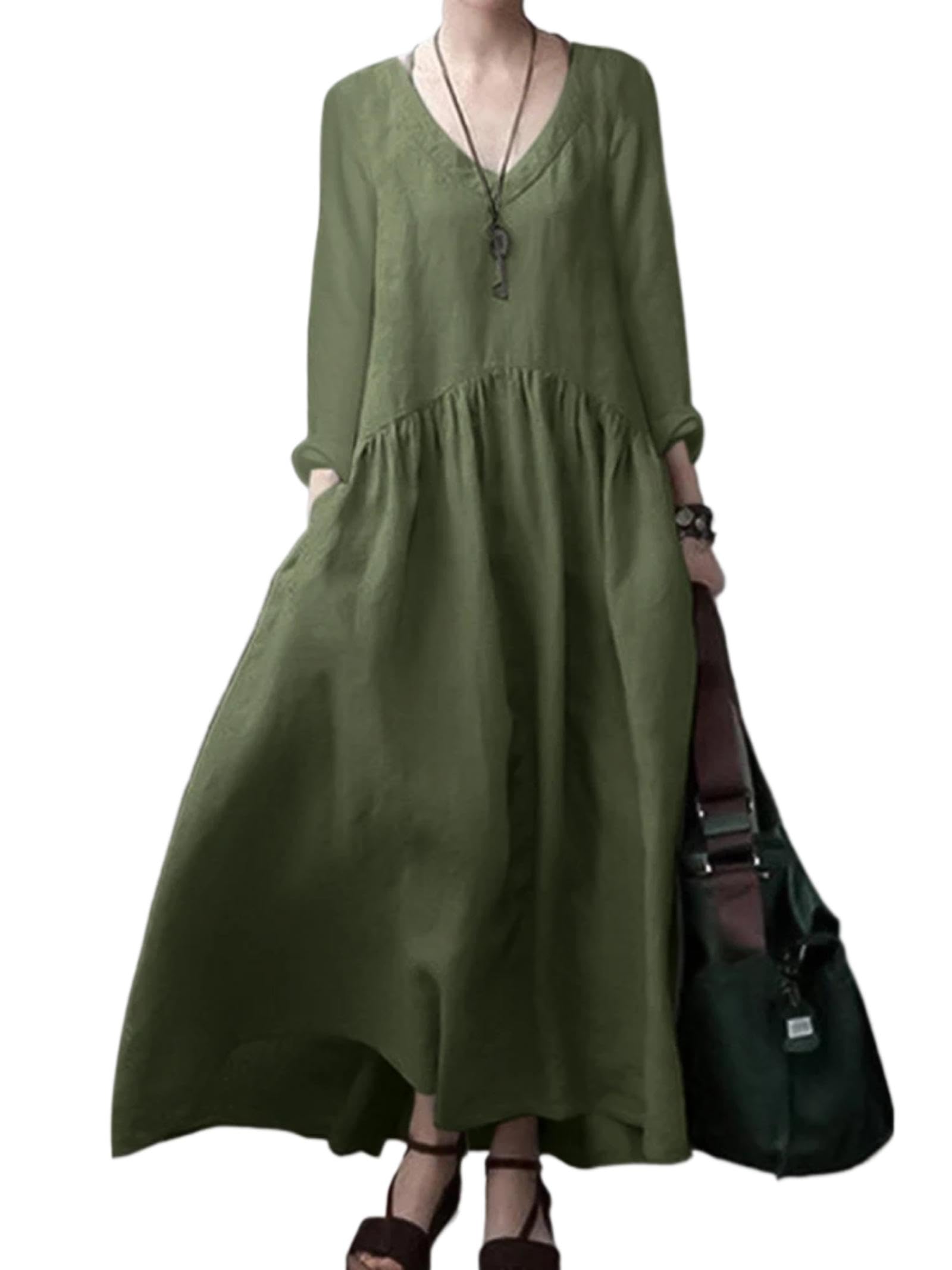 Gonna Donna Lunga Pieghe Elegante Elastica Skirt Abito da Donna Scollo A V Manica Lunga Tinta Unita L Verde Scuro