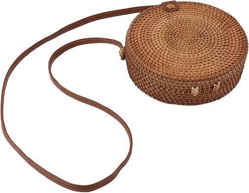 Rengue Handwoven Round Rattan Bag, Tropical Beach Style Woven Shoulder Bag with Adjustable Strap, for Women Beach Party Shopping Dating Plain Colour Leather Buckle with Lining