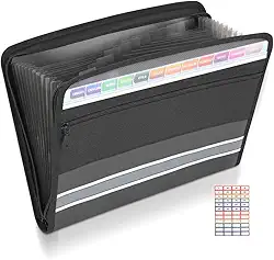 Organizador de Arquivos com Zíper, Pasta de Arquivo Expansível de Bolsos com Bolsa Frontal para Lápis, Pasta de Gerenciador de Arquivos, Pasta Sanfonada Plástica A4 Divisoes