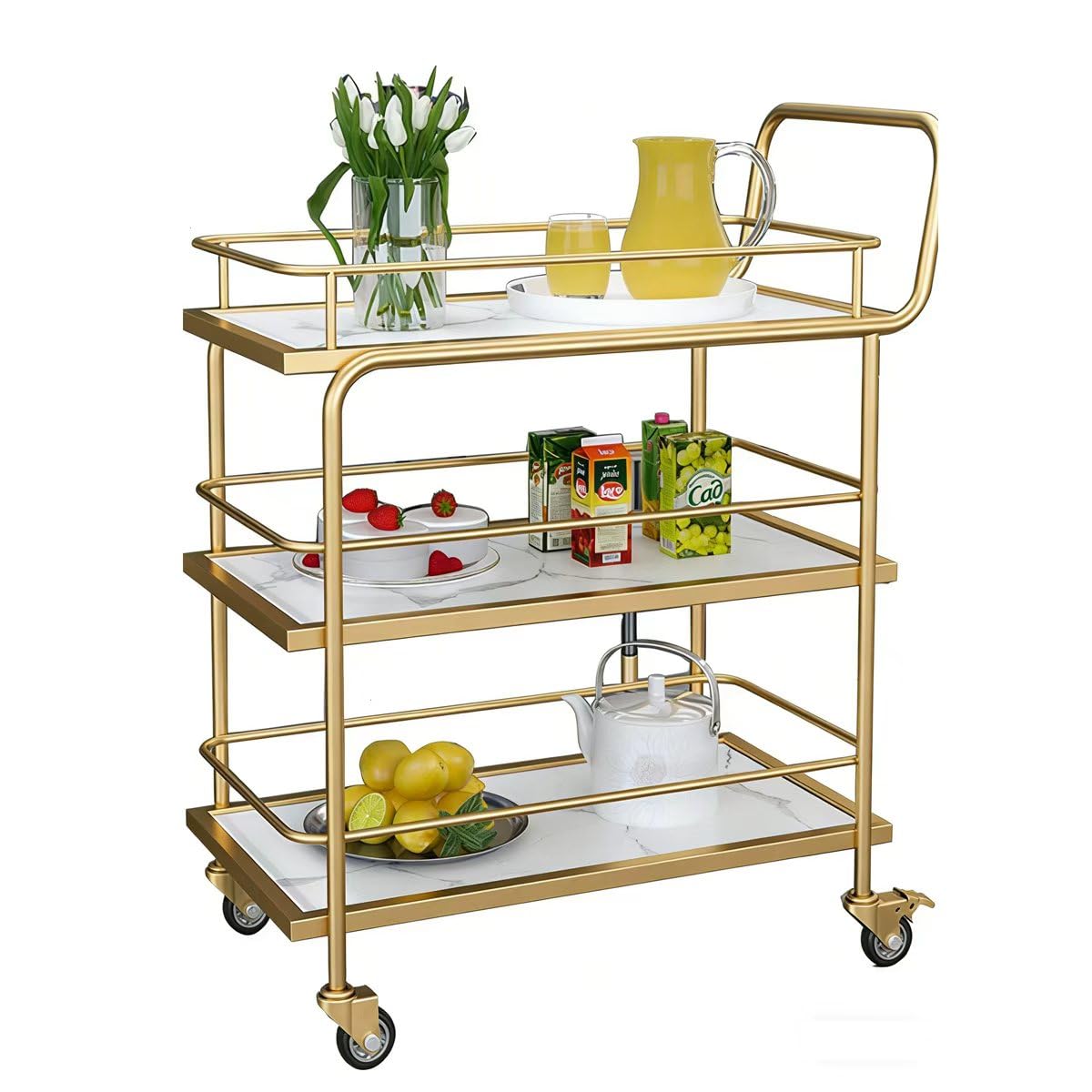 Carrello Bar con parapetto – 3 Ripiani di Servizio su Ruote bloccabili, Bevande Dorate per casa e Feste, Carrello portaoggetti in Legno e Metallo per Cucina