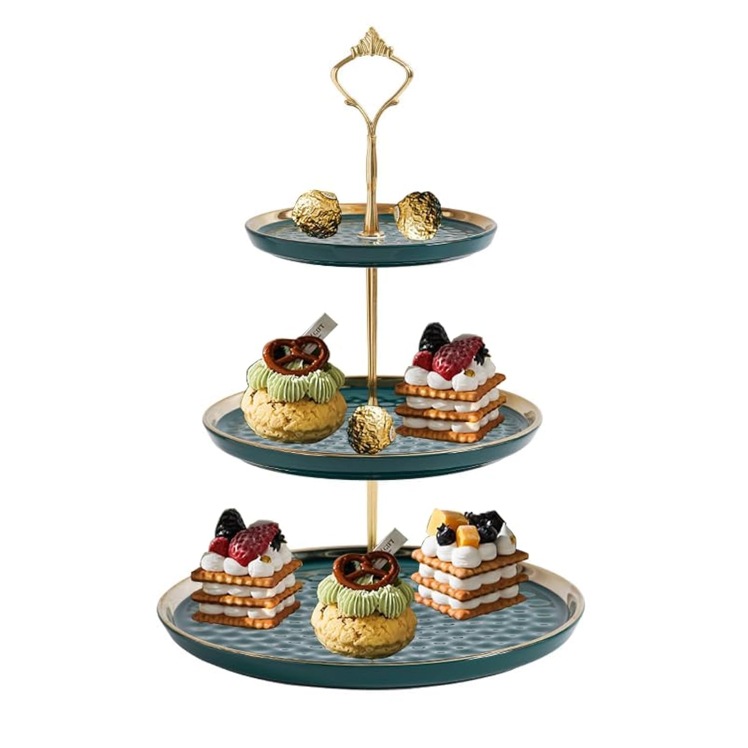Erweicet Porcelain Cake Stand with 3 Layers Inlaid Gold Fruit Pastry Holders for Wedding and Party Cupcake Dessert Display Stand Fruit Candy Tiered Serving Trays
