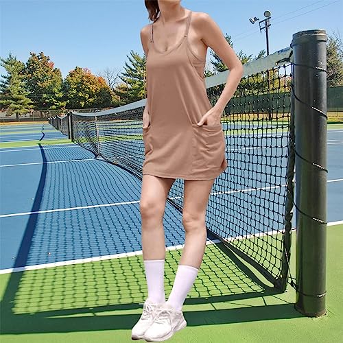 Image of UNIANKIYA Womens Workout Romper Dress with Shorts Underneath Sleeveless Spaghetti Straps Athletic Outfits Casual Vacation