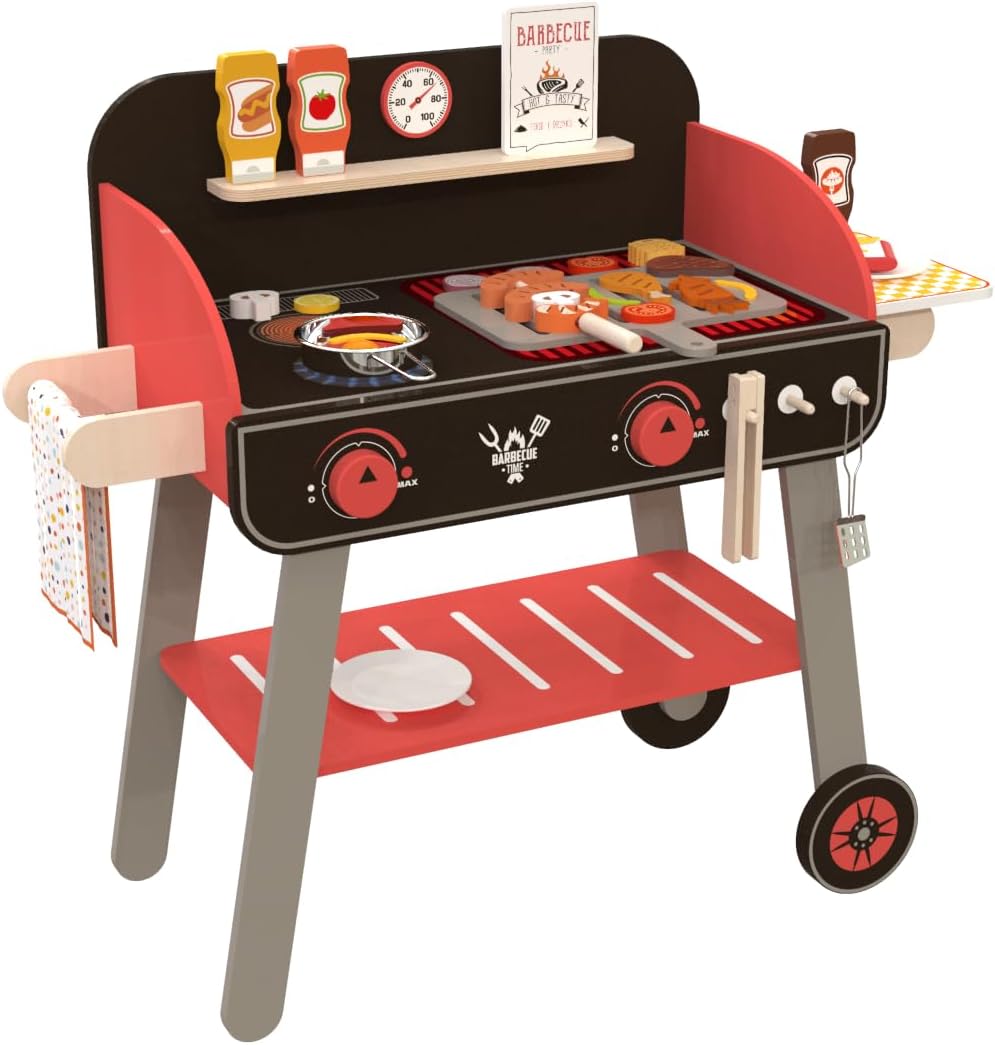 EDUBEBO Wooden BBQ Grill Playset - Kids Toy Kitchen Play Set for Toddlers with Pretend Play Food & Grilling Accessories, Indoor Outdoor Cooking Toy Gift for Boys Girls Ages 3+
