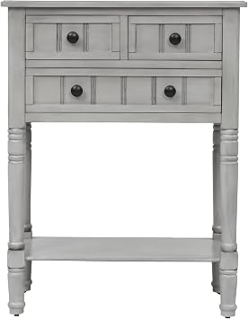 TREXM Narrow Console Table with Three Storage Drawers and Bottom Shelf-Gray Wash