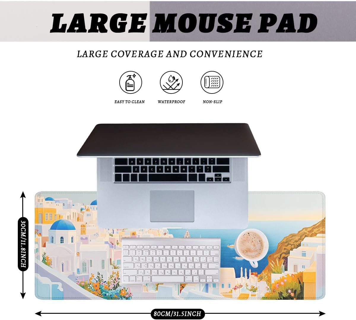 Summer Coastal Desk Pad Mouse Pad Blue Pastel Greek Architecture Gaming Mouse Mat with Stitched Edges,Non-Slip Waterproof Rubber Base Mous Mat Office Computer Keyboard Laptop Home 31.5"x11.8" image 2