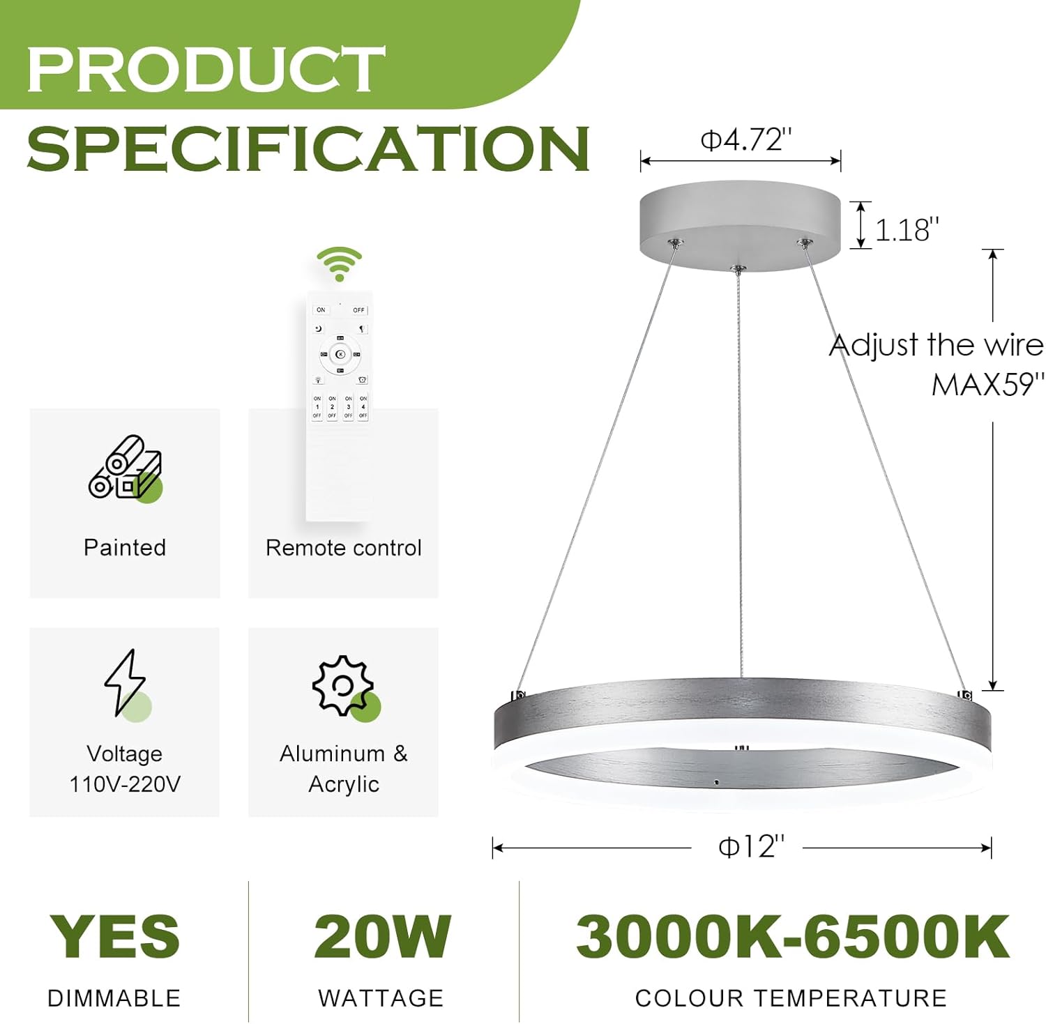 Benkut LED Ring Chandelier Modern Silver for Dining Room, Circular Flush Mount Ceiling Chandelier Light Dimmable Pendant Light with Remote Control for Kitchen Island Living Room(D12in 3000K-6500K)