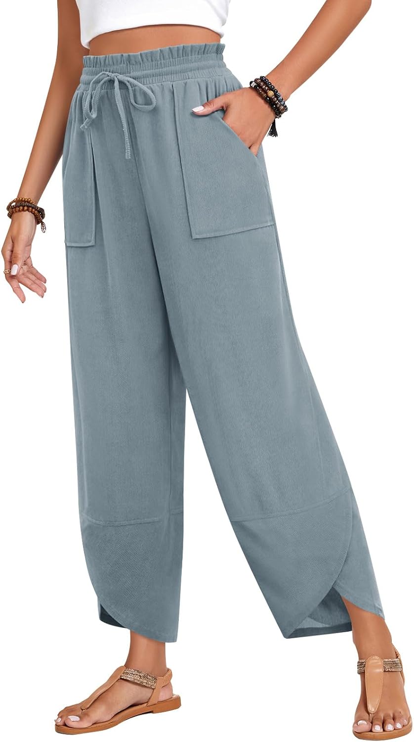 Anyhold Womens Baggy High Waisted Wide Leg Lounge Pants Drawstring Casual Palazzo Pants Trousers with Pockets