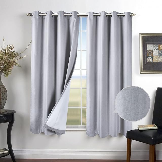 100% Blackout Curtains for Bedroom Silver Grey Textured Linen Faux Eyelet 462IN Light Grey Lined Living Room Darkening Insulated Thermal 2 Panels Window Curtain