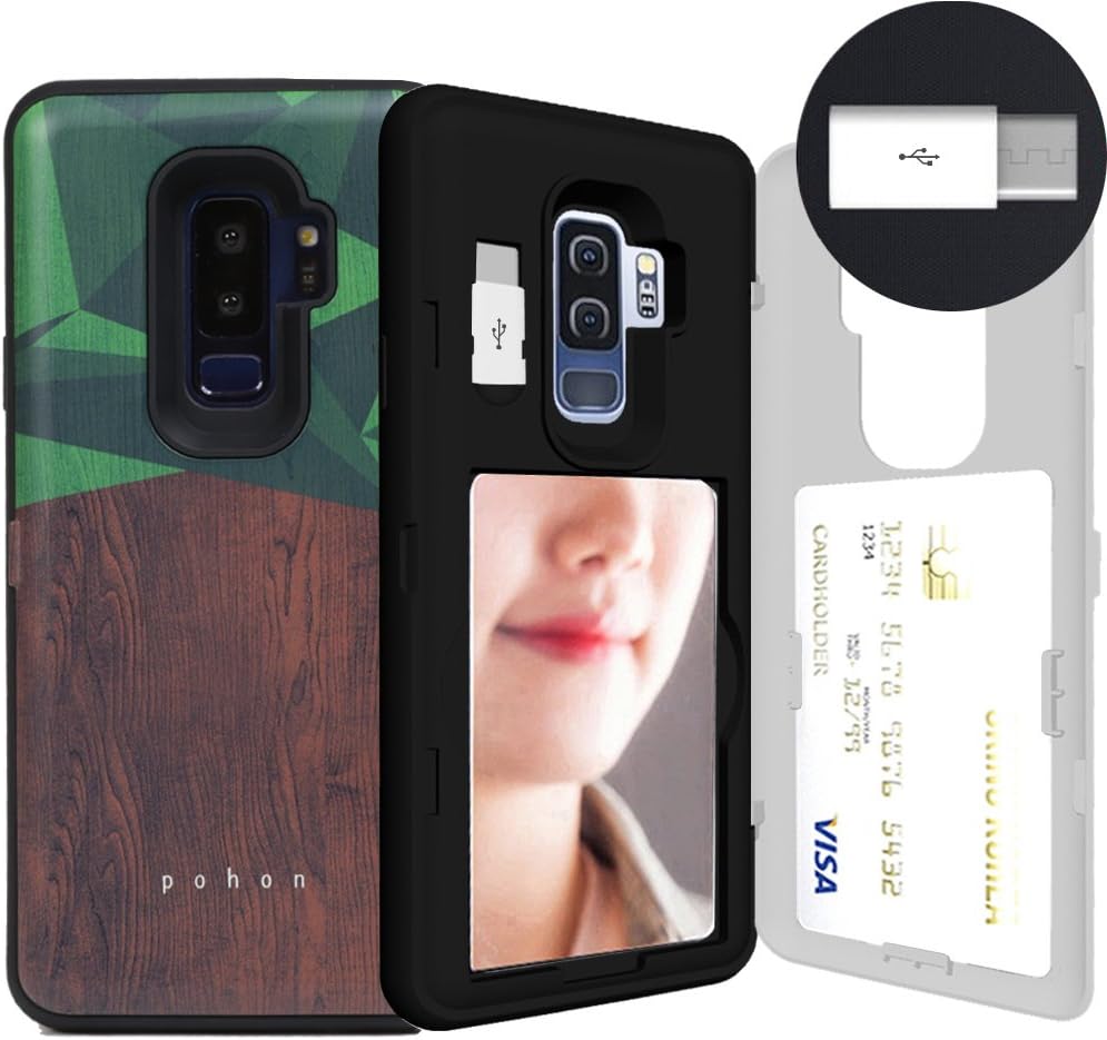 Galaxy S9 Plus, SKINU S9 Plus Wallet Charger Dual Layer Hidden Credit [S9 Plus Card Case] Holder ID Slot Card Case with Inner USB Type C Adapter and Mirror for Samsung Galaxy S9 Plus (2018) - Wood