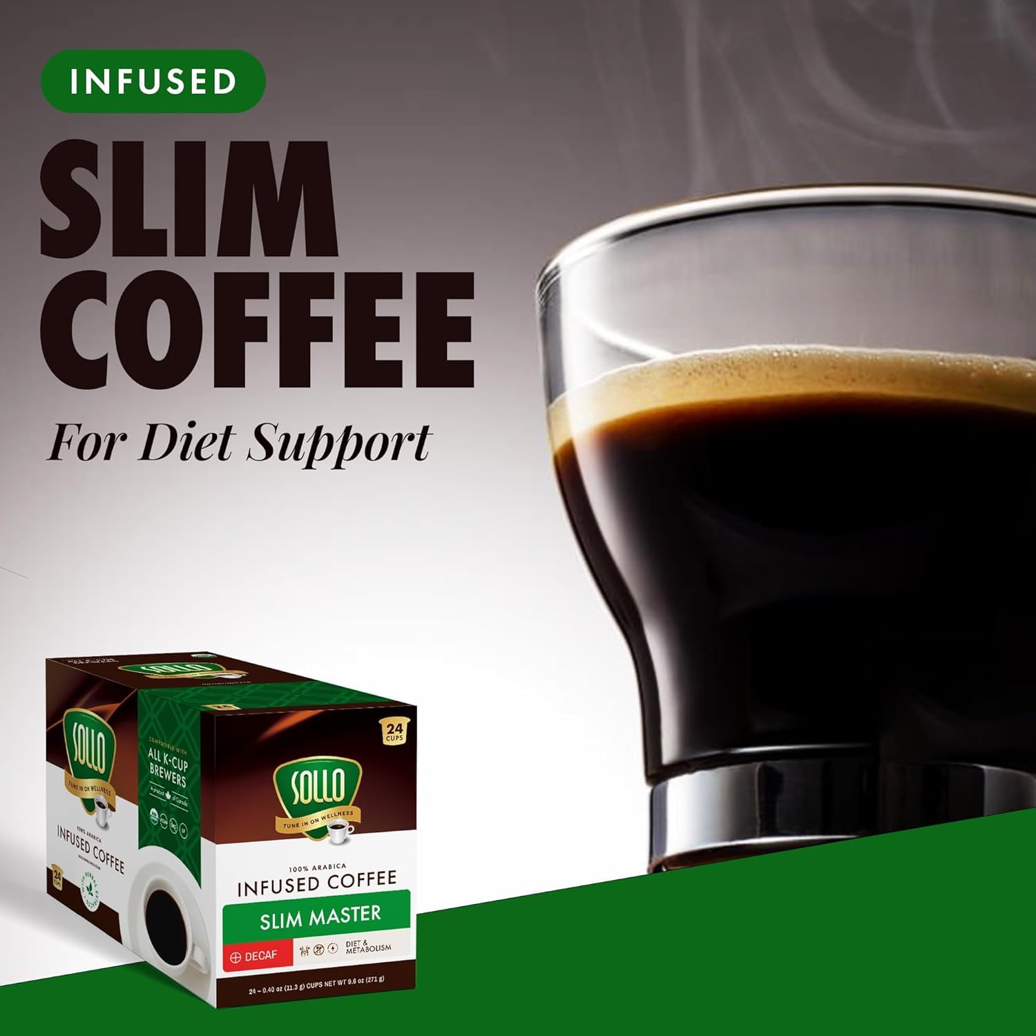 SOLLO Slim Decafenated Coffee Pods, Diet Support, Weight Loss with Garcinia, Vitamins and Green Coffee Bean Extract, Compatible w/Keurig K-Cup Brewers, Decaf 24 ct