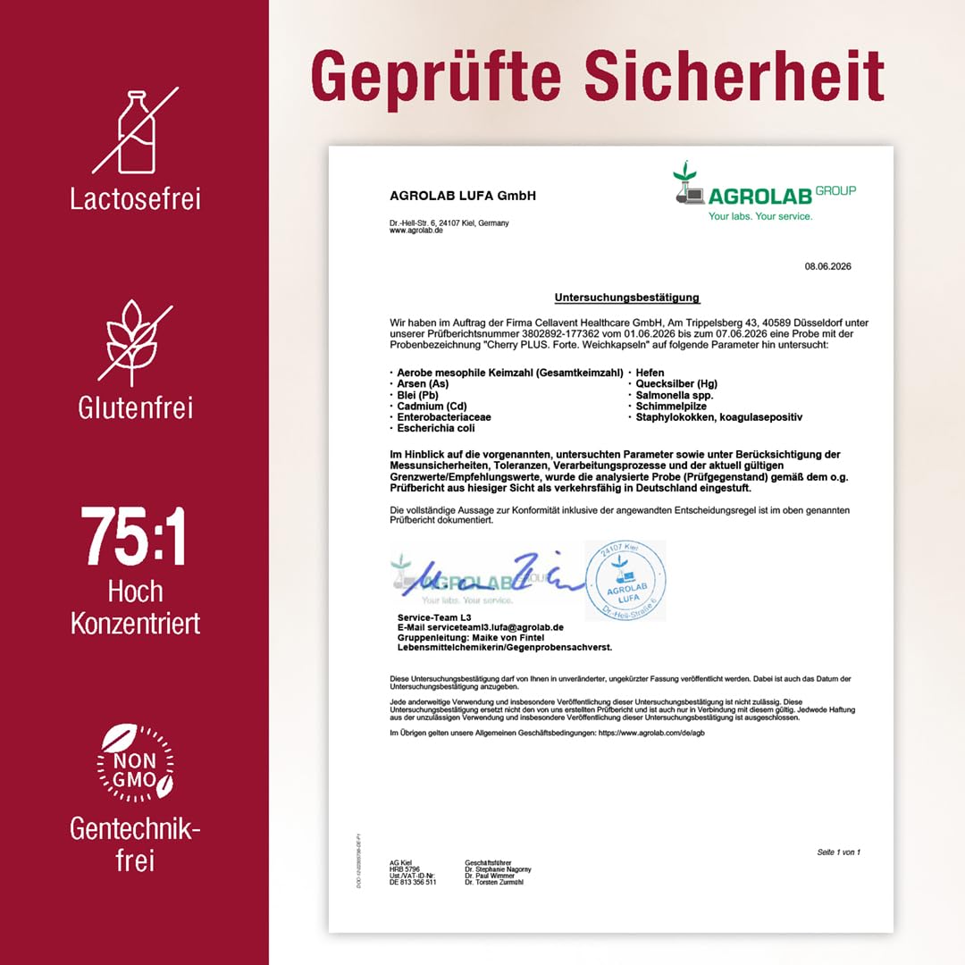 Stärkste Montmorency Sauerkirschen Kapseln – 200 Kirschen/Tag – Sauerkirschsaft & Sauerkirschen Extrakt in einer Kapsel – hochdosiert (75:1) – 43 mg Polyphenole tgl. – Cherry PLUS Forte