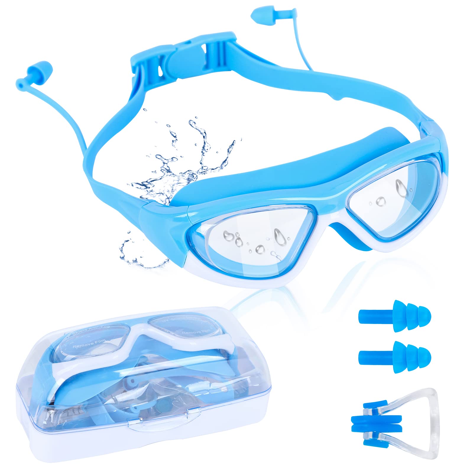 Jodsen Swimming Goggles, Anti-Fog Kids Swim Goggles with Ear Plugs and Nose Clip, UV Protection Wide Vision Kids Swimming Glasses with Adjustable Silicone Strap for Boys, Girls — image 1