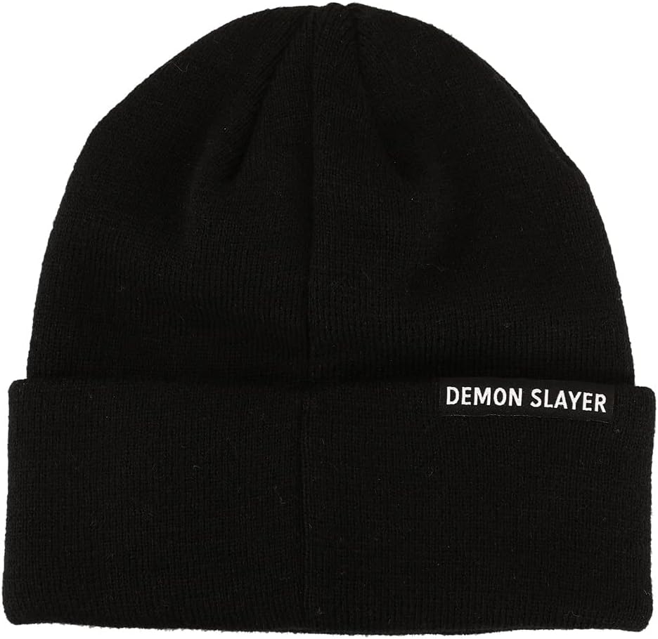 Demon Slayer Tanjiro Earring Embroidered Plain Black Cuffed Knitted Winter Beanie Hat