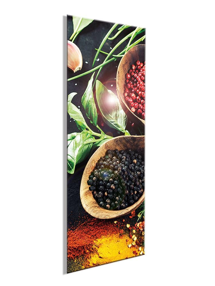 artissimo Glasbild Küche 80x30 cm Küchenbild: Gewürze AG1866A – Bild aus Glas, Wandbild Hochformat hochkant schmal, moderne Küchendeko schwarz