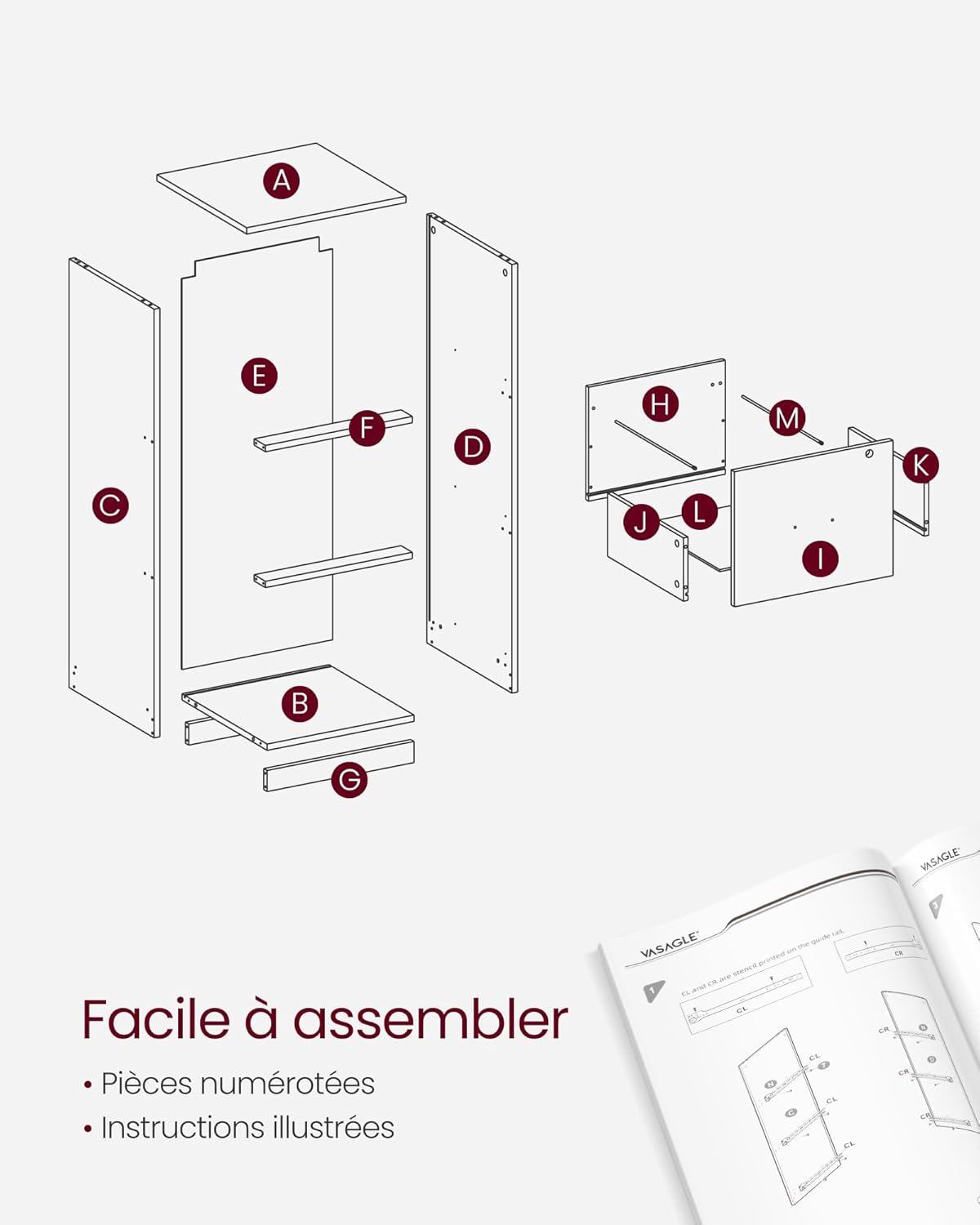 Gbawara view diagram of the VASAGLE file cabinet components for assembly.